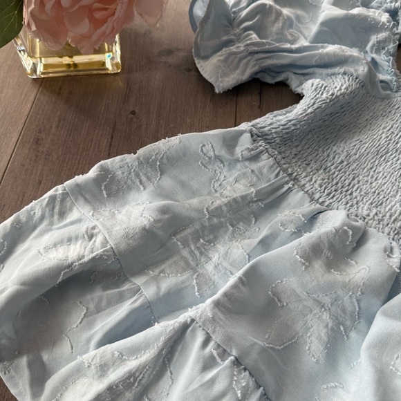 SHEIN Baby Blue Poof Sleeve Smocked Embossed Floral Blouse - Picture 3 of 6